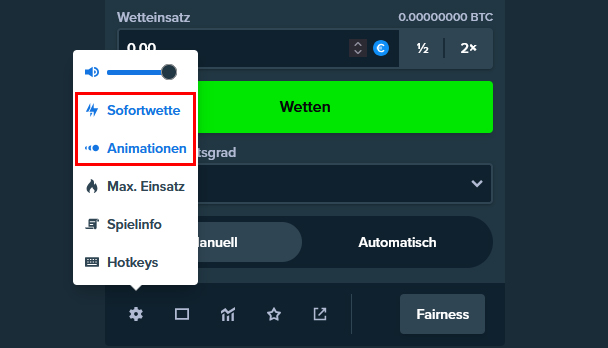Die Einstellungen für "Animationen" und "Sofortwette" verbergen sich hinter dem Zahnrad-Symbol