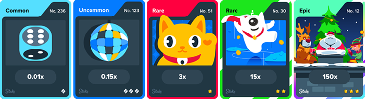 Einige Beispiele aus "Packs": Jede Karte ist nummeriert und hat ein eigenes Motiv. Die Kartenfarbe, die Beschriftung und Symbole wie Diamanten geben Aufschluss darüber, wie wertvoll die Karte im Verhältnis zu anderen Karten ist.
