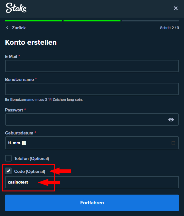 Registrieren mit Bonus Code: Checkbox aktivieren und "casinotest" eintragen