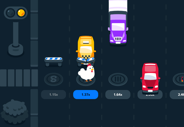 So sieht das Spielfeld von Chicken aus. Autos rauschen vorbei, Flammen lodern unter den Kanalgittern, und das Huhn hüpft von Fahrstreifen zu Fahrstreifen.
