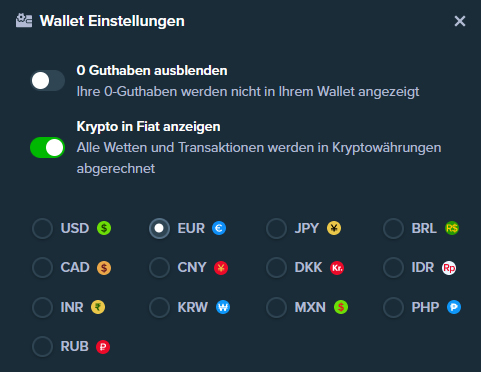 Das Guthaben lässt sich in Kryptos oder Echtgeld (bspw. Euro) anzeigen.