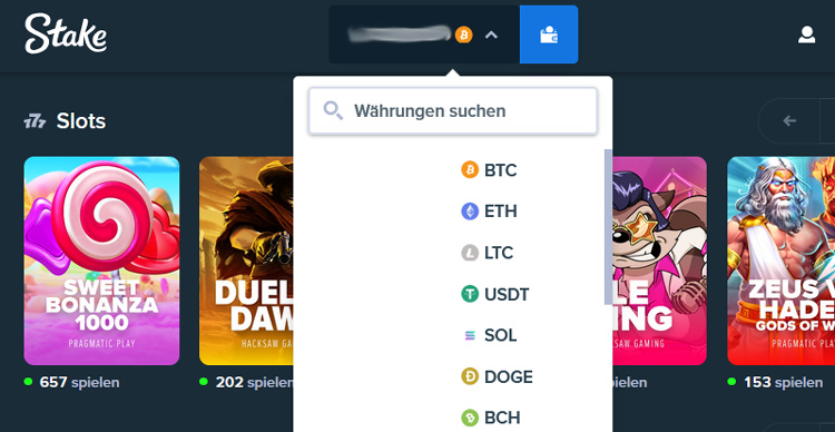 Der Screenshot zeigt die Auswahl an Kryptowährungen im Stake-Wallet.