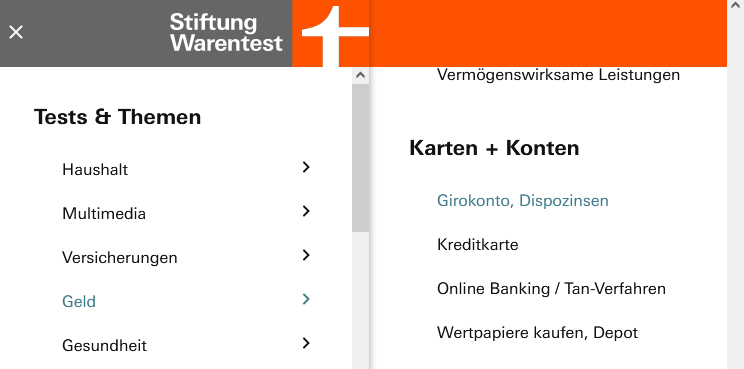 Über das Menü (» Geld » Girokonto bzw. » Kreditkarte) gelangt man zum gewünschten Produktvergleich.