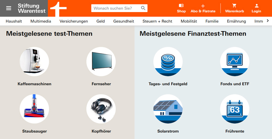 Screenshot der Webseite von Stiftung Warentest.