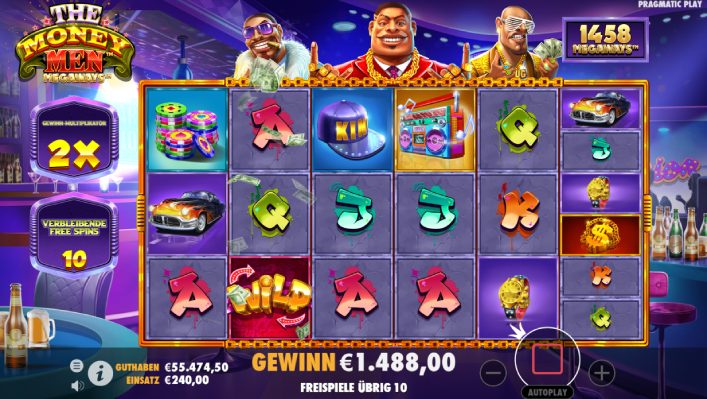 ©Pragmatic Play | In The Money Men Megaways warten Freispiele, in denen es Geld vom Himmel regnet. Tolle Features sorgen für extra Gewinne während der Gratisrunden.