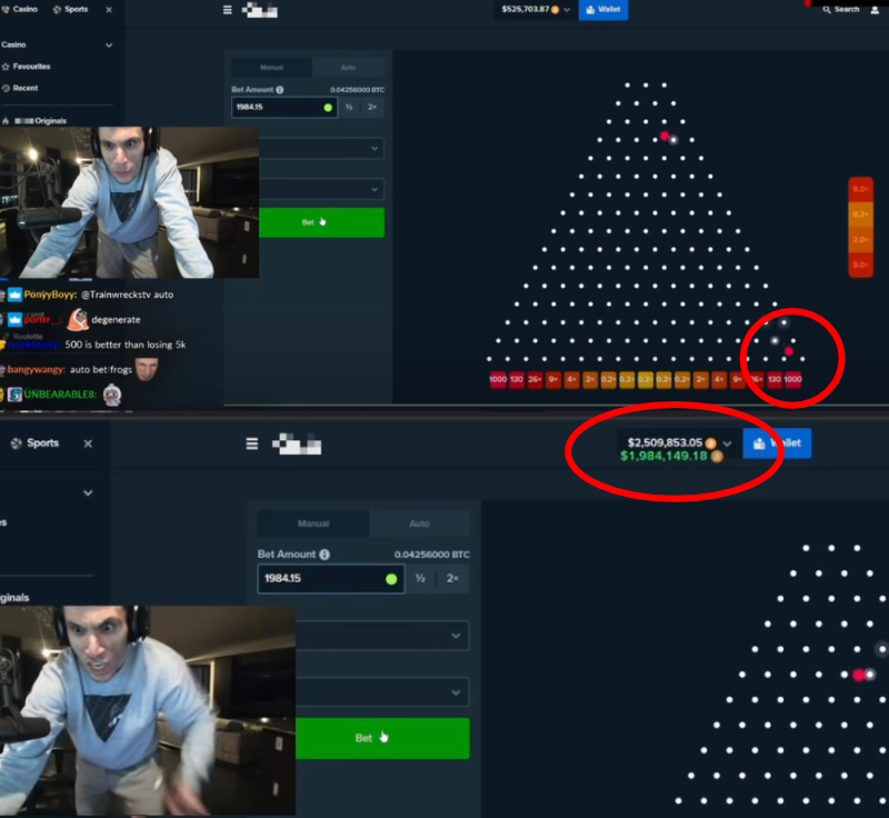 Der Streamer Trainwrecks gewinnt bei Plinko