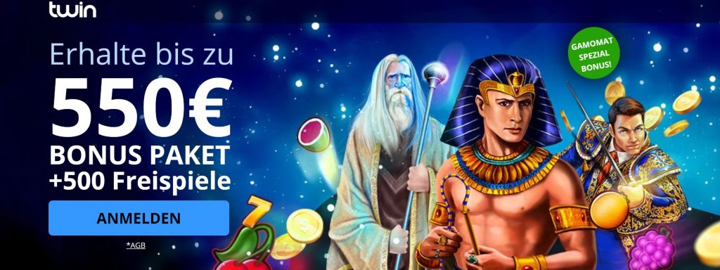 Neue Spieler erhalten exklusiv bei uns einen Twin Casino Bonus von 550€ und 500 Freispiele!