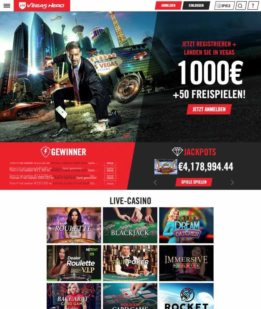 Die Webseite vom Vegas Hero Casino wirkt modern und aufgeräumt.