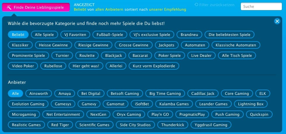 Die Spiele sind gut strukturiert, so dass auch bei über 1.000 Titeln kein Chaos entsteht. Die Filter sind übrigens eine gute Sache. Mithilfe dieser Möglichkeit sollten Sie maximal ein paar Sekunden brauchen, um Slots und Tische nach Ihrem Geschmack zu finden.