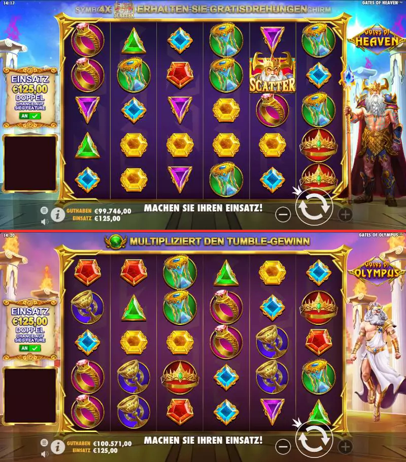 Vergleich Gates of Olympus und Gates of Heaven - Die Gewinnquoten der Symbole und die Funktionen sind in beiden Slots gleich, nur Zeus hat sich optisch verändert und der RTP ist auf 98% angestiegen