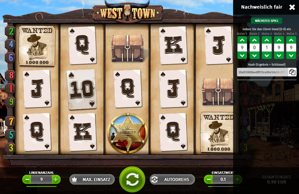 Neben Kryptogame-Klassikern wie Plinko hat BGaming auch einige Provably-fair-Automatenspiele wie West Town im Programm.