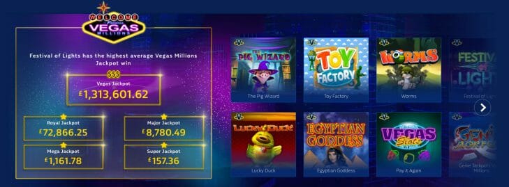 Grafik oben: Zu sehen ist ein Teil des William Hill Vegas Spielangebots. Hier finden Sie nicht nur Playtech Spiele, sondern auch Spiele der Software Hersteller NetEnt und Microgaming.