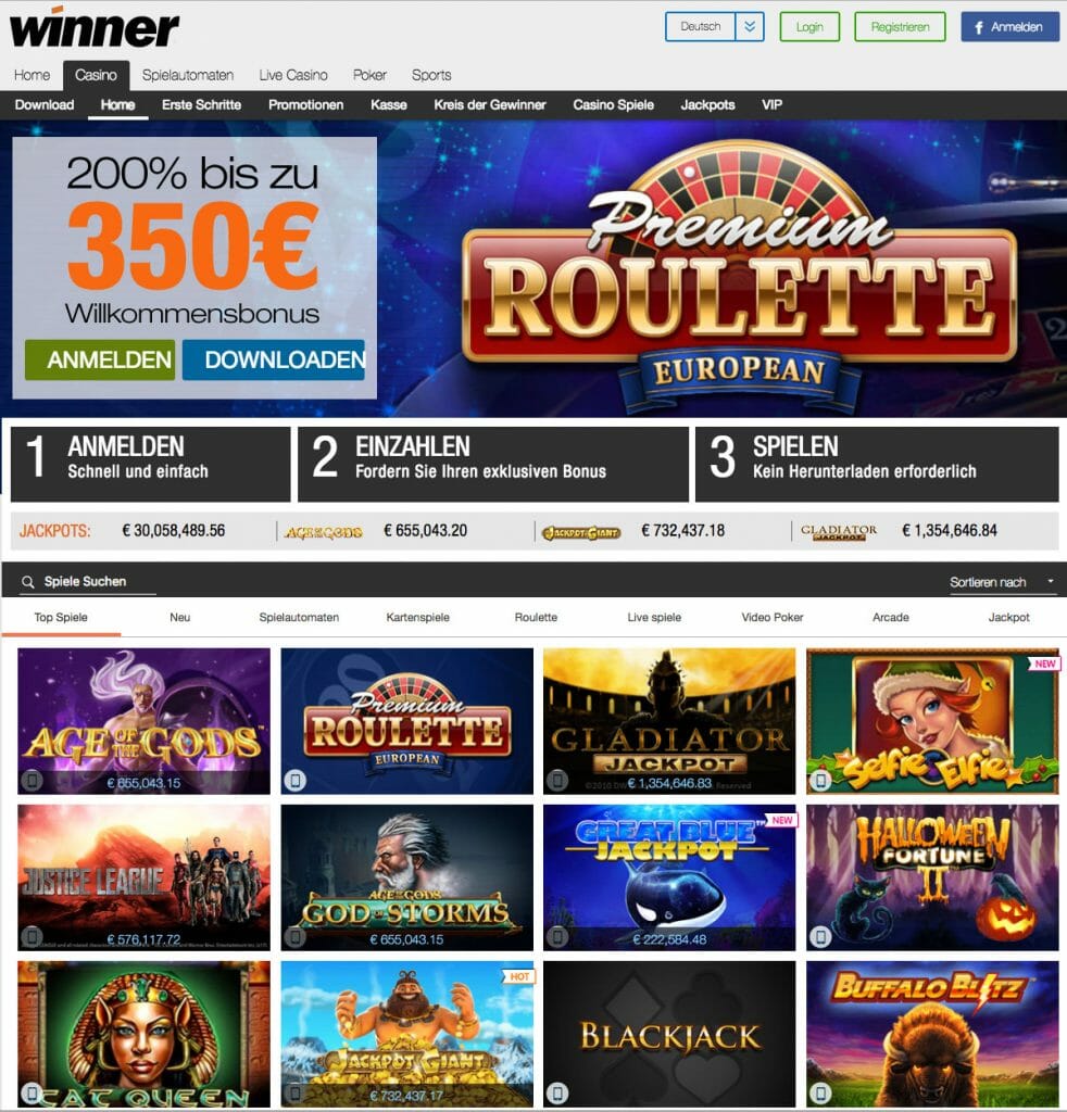 Übersicht der Startseite des Casino Bereichs des Winner Casinos. Neben den aktuellen Bonus wird Ihnen die aktuellen Jackpots angezeigt sowie empfohlene Casinospiele.